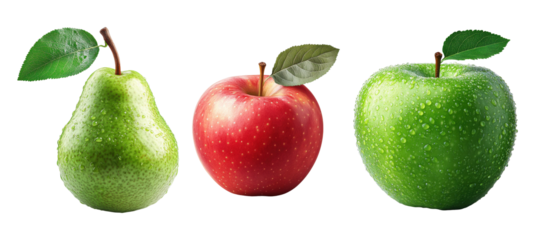 Pear, green apple, and red apple with water droplets on png background