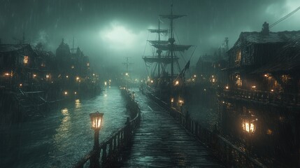 A dark, rainy harbor scene with a tall ship docked, glowing lanterns illuminating the wooden walkway