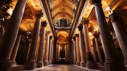 Grand hall interior, classical architecture, ornate columns,  ambient lighting,  European museum