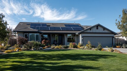 Suburban Home with Solar Panels and Landscaped Front Yard Under Blue Sky