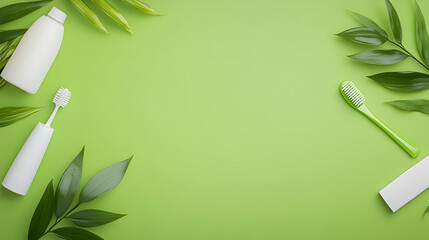 Green background with toothbrush, toothpaste, and leaves; oral hygiene and natural products; website banner or advertisement