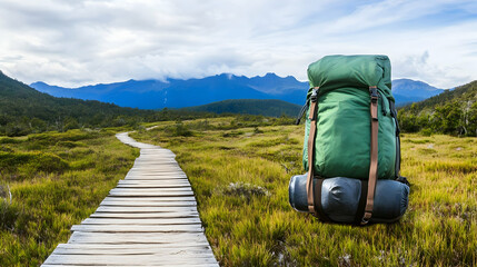 Green backpack on wooden trail, mountains background, adventure travel, scenic hike