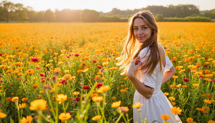 Fototapeta premium Serene woman enjoying vibrant flower field during golden hour, tranquility
