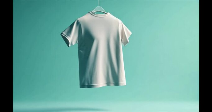 White tshirt mockup, hanging, studio, teal background, apparel design