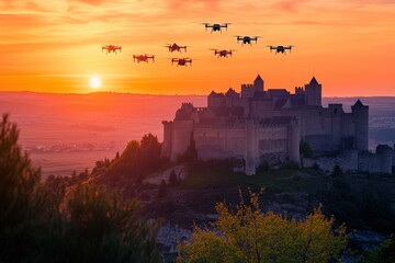 Obraz premium Medieval castle illuminated by sunset with a fleet of drones in the sky