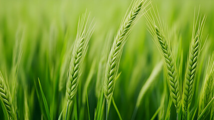 Obraz premium Green wheat field, summer growth, rural landscape, agricultural background, for food packaging