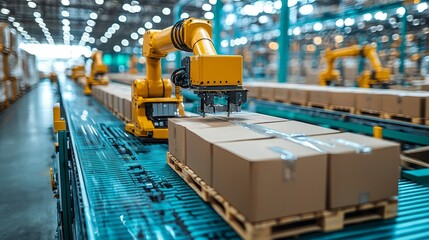 Naklejka premium Automated robotic arms efficiently packaging boxes in a modern warehouse environment for streamlined logistics operations