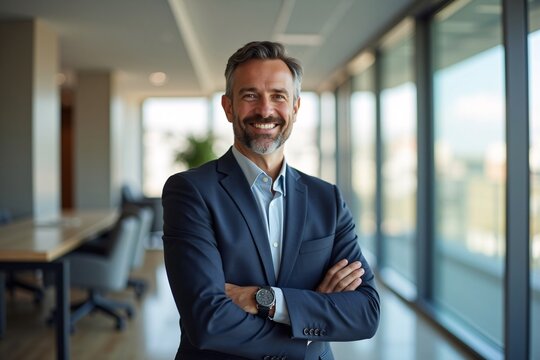 Portrait of a Successful Senior Businessman Consultant Looking at Camera and Smiling Inside Modern Office Building, Expertise and Professional Confidence Generative AI