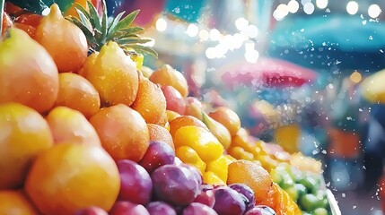 a bustling farmers market with vibrant fruit vendors