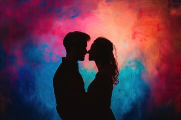 Silhouette of a beautiful young couple in love on colorful background, Ai Generated
