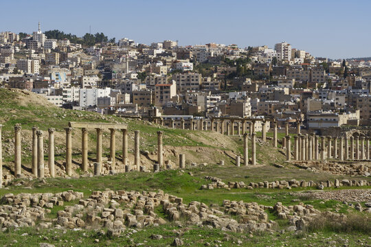 돌,기둥,언덕,로마제국,주택,시내,제라시,Jerash,요르단