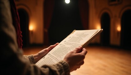 Close-up of a script in hand, focused and thoughtful mood, reading in a theater with soft lighting
