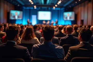 Rear View of People in the Audience at a Conference Hall, Speaker Giving a Talk at a Business Event, Professional Networking and Corporate Learning Generative AI