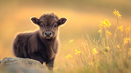 Highland calf sunset meadow wildflowers springtime farm
