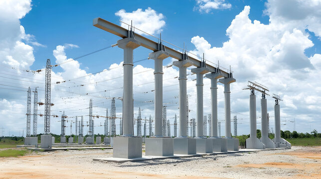 High-voltage power line infrastructure under a bright sky;  suitable for energy industry reports