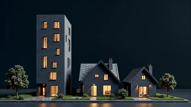 3d houses on dark black background with copy space. Home tax, Property refinance, house mortgage, financial, loan, investment housing real estate interest rates concepts. construction and design. 4k