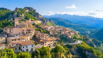 Obraz premium Hilltop village panorama, scenic mountain valley, summer sunlight, travel destination