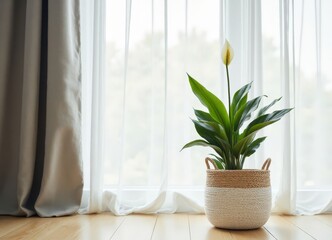 Potted peace lily by window with flowing white drapes