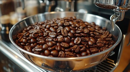 Roasted Coffee Beans in a Metal Bowl