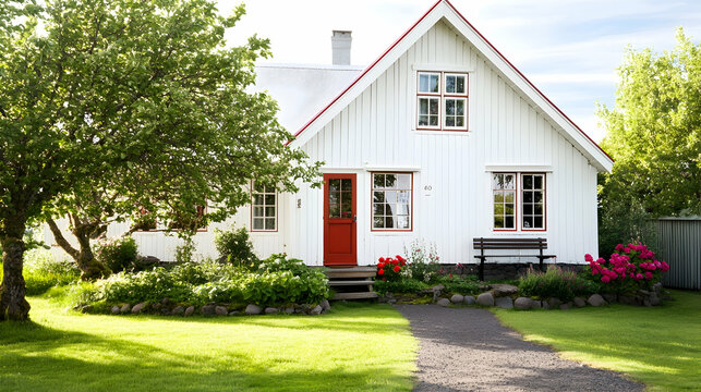 Icelandic white house, red door, garden, sunny day, real estate