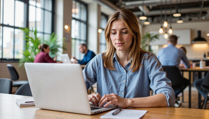 Focused woman working on laptop in modern coworking space, productivity
