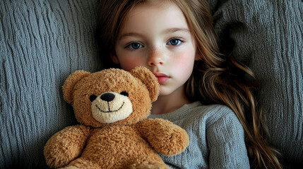 Adorable Little Girl with Teddy Bear: A Tender Moment of Childhood Innocence