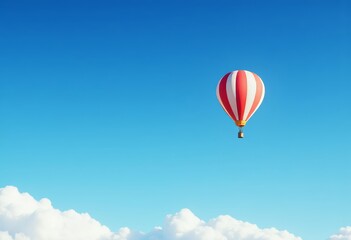 Fototapeta premium Red and white striped hot air balloon in blue sky with clouds