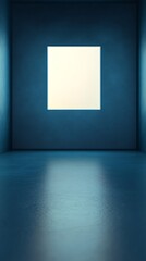 Serene blue room softly lit single bright rectangle. AI Generated