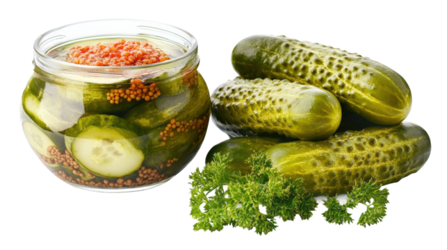 Crunchy pickles in jar with fresh cucumbers and herbs ready for a snack isolated on transparent background
