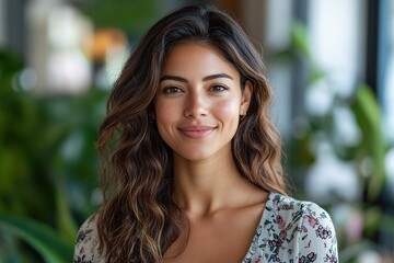 Obraz premium Natural beauty: smiling young woman with wavy hair and floral dress in a bright setting