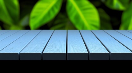 Serene Blue Wood Tabletop Lush Green Background. AI Generated