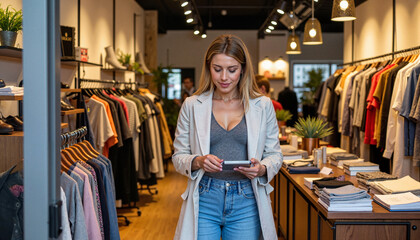 Fototapeta premium Stylish individual inspecting apparel in trendy boutique, contemporary fashion