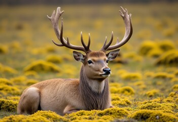 Fototapeta premium Reindeer with large antlers resting in a field with yellow flowers