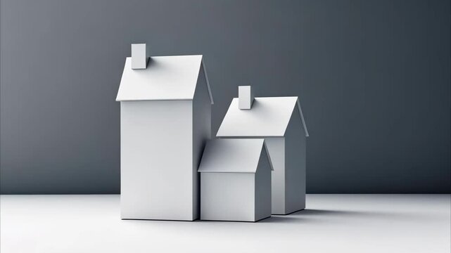 3d model houses on dark background with copy space. Home tax, Property refinance, house mortgage, financial, loan, investment housing real estate interest rates concepts. construction and design. 4k