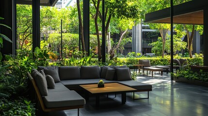 Modern sectional sofa in a lush green garden setting.