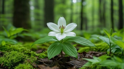 Fototapeta premium Serene Forest Lily: A Whisper of White in Verdant Embrace