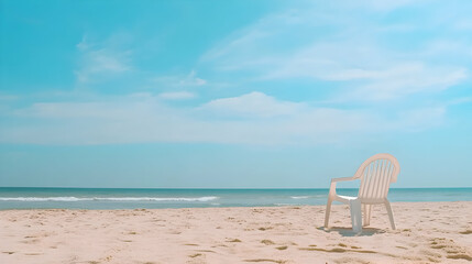 Lonely beach chair, ocean view, summer vacation, tranquil scene, travel postcard