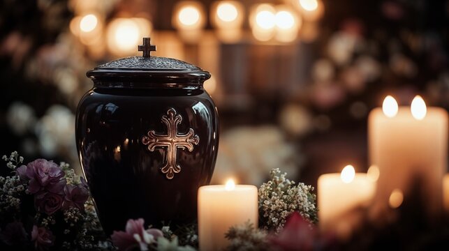 Memorial urn with flowers and candles creating a peaceful ambiance. Remembrance. respect. serenity. honoring loved ones. Suitable for memorial services, funeral homes, or remembrance events.





