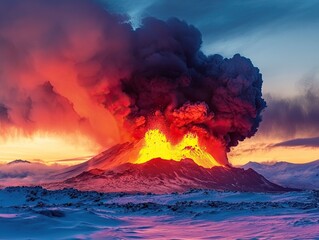 Fototapeta premium Volcanic eruption at sunset, Iceland; fiery lava, dark smoke, snow-covered landscape; nature, disaster, geology