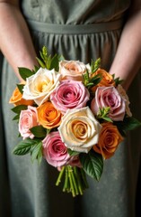 Gorgeous bouquet of roses in woman's hands in flowers shop