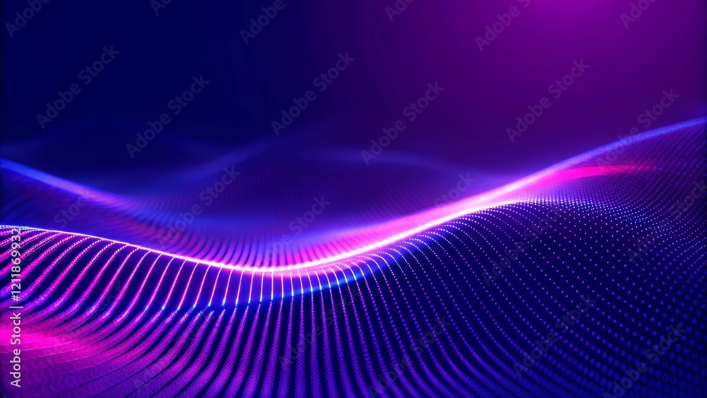 Poster Colorful abstract digital background with curved neon lines and dots. Cosmic flowing fabric waves on a dark blue and purple backdrop, vibrant futuristic motion design with glowing particles and energy