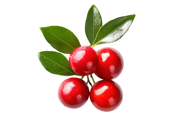 Fresh red guava berries or camu camu with green leaves isolated on white transparent background. Concept of healthy food.