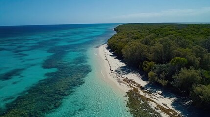 Aerial view of tropical island coastline, turquoise water, lush forest,  perfect for travel brochures
