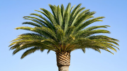 Lush green palm tree against a clear blue sky; perfect for travel brochures or tropical themed designs