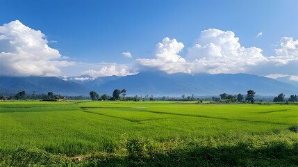 Fototapeta premium Lush green rice paddy fields under a vibrant blue sky with majestic mountains in the background. Perfect for travel brochures or nature documentaries