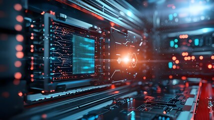 Naklejka premium Advanced quantum computing system generating unbreakable cryptographic keys for robust cybersecurity and data protection Futuristic digital technology concept with glowing energy and code