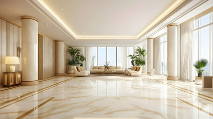 Luxurious apartment lobby with ocean view, marble floor, and elegant seating. Ideal for real estate advertising