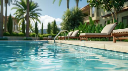 Fototapeta premium A serene view of a tranquil swimming pool surrounded by lush greenery and palm trees, perfect for relaxation on a sunny day.