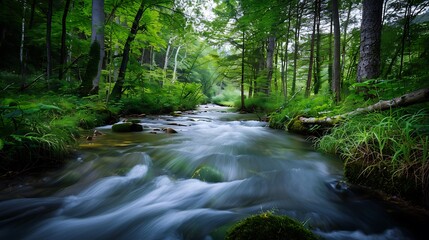 Obraz premium A serene river flowing through a forest, representing peace and the journey of life.