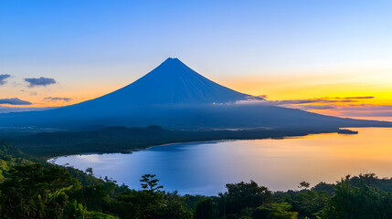 Majestic volcano sunrise over tranquil lake, lush tropical landscape. Perfect for travel brochures